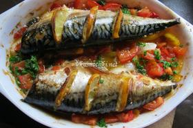 Пържени скумрии  с доматен сос и гъби
