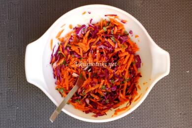 Пъстра салата от моркови, зеле, червено цвекло и ряпа