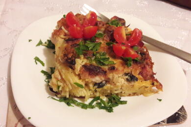 Спагети с пиле и бекон на фурна