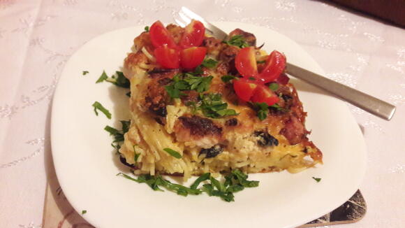 Спагети с пиле и бекон на фурна