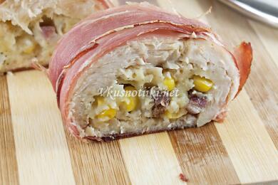 Пилешко с гъби и спанак