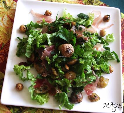 Салата със спанак, кестени и прошуто