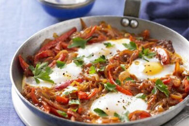 Яйца на тиган с домати, чушка и кисело мляко