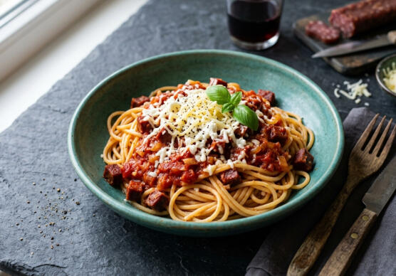 Спагети с доматен сос и колбас