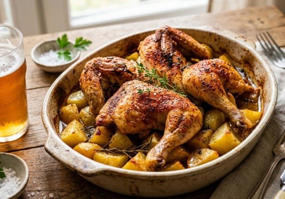 Пиле с картофи на фурна и бира